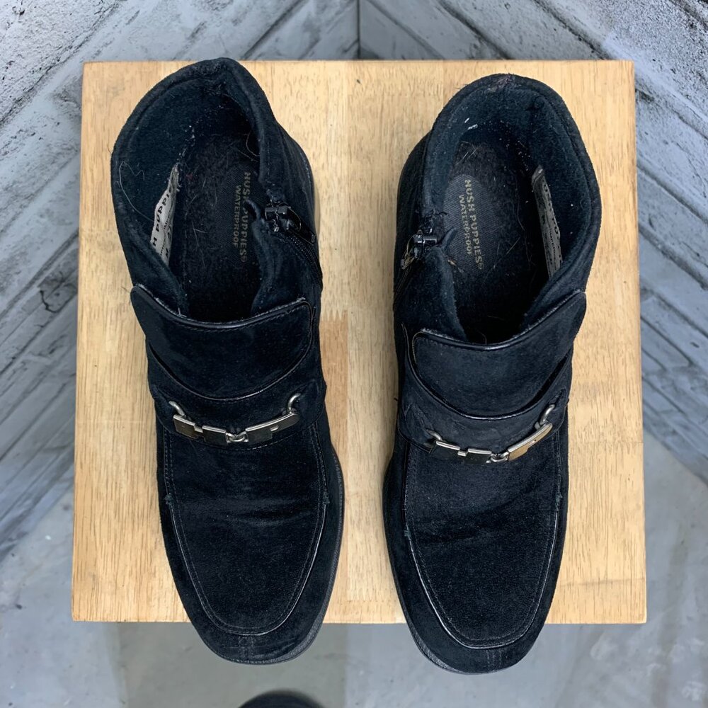 Vintage Hush Puppies Booties Black Waterproof Suede Low Block Heel Ankle Boots - Picture 10 of 13
